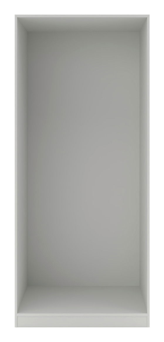 Frontale Ansicht eines leeren, grauen Kleiderschrank-Korpus mit den Maßen 210x91 cm.