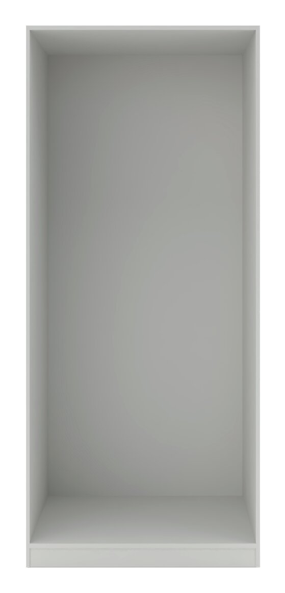 Frontale Ansicht eines leeren, grauen Kleiderschrank-Korpus mit den Maßen 210x91 cm.