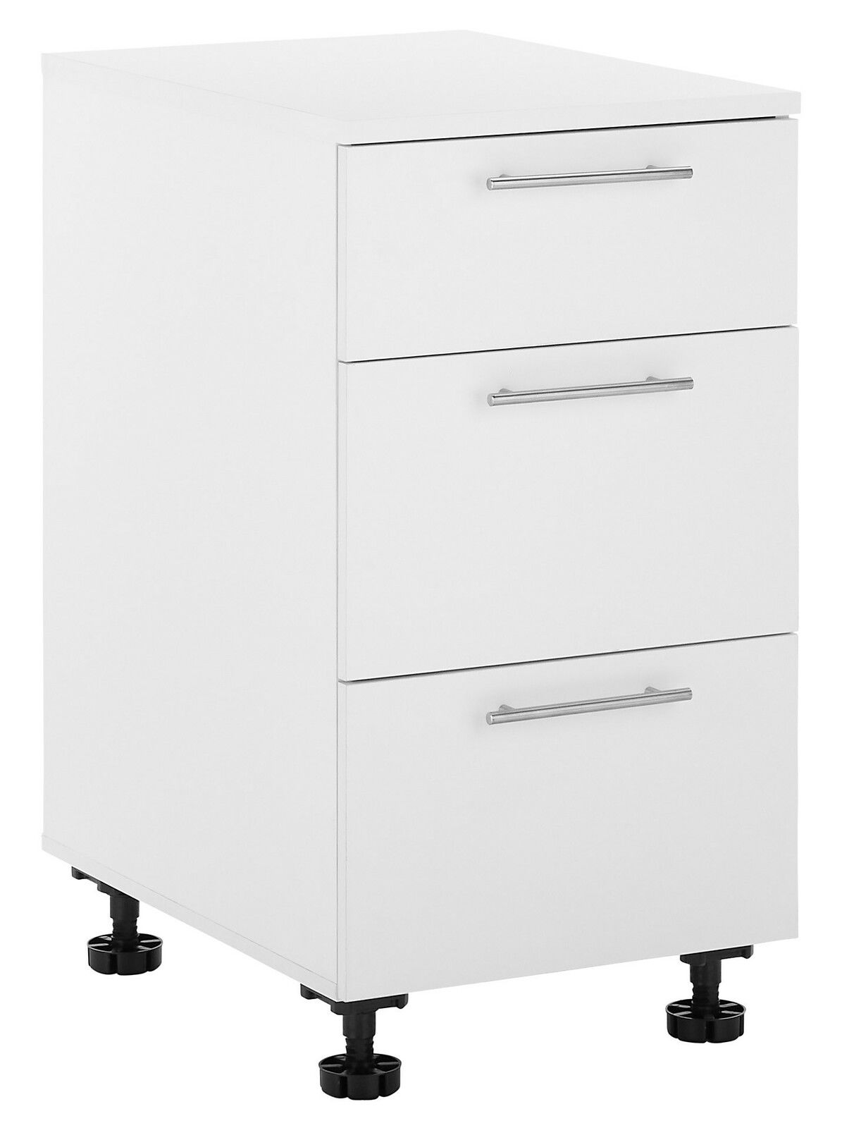 Weißer Unterschrank mit drei Schubladen und silbernen Griffen, seitliche Perspektive