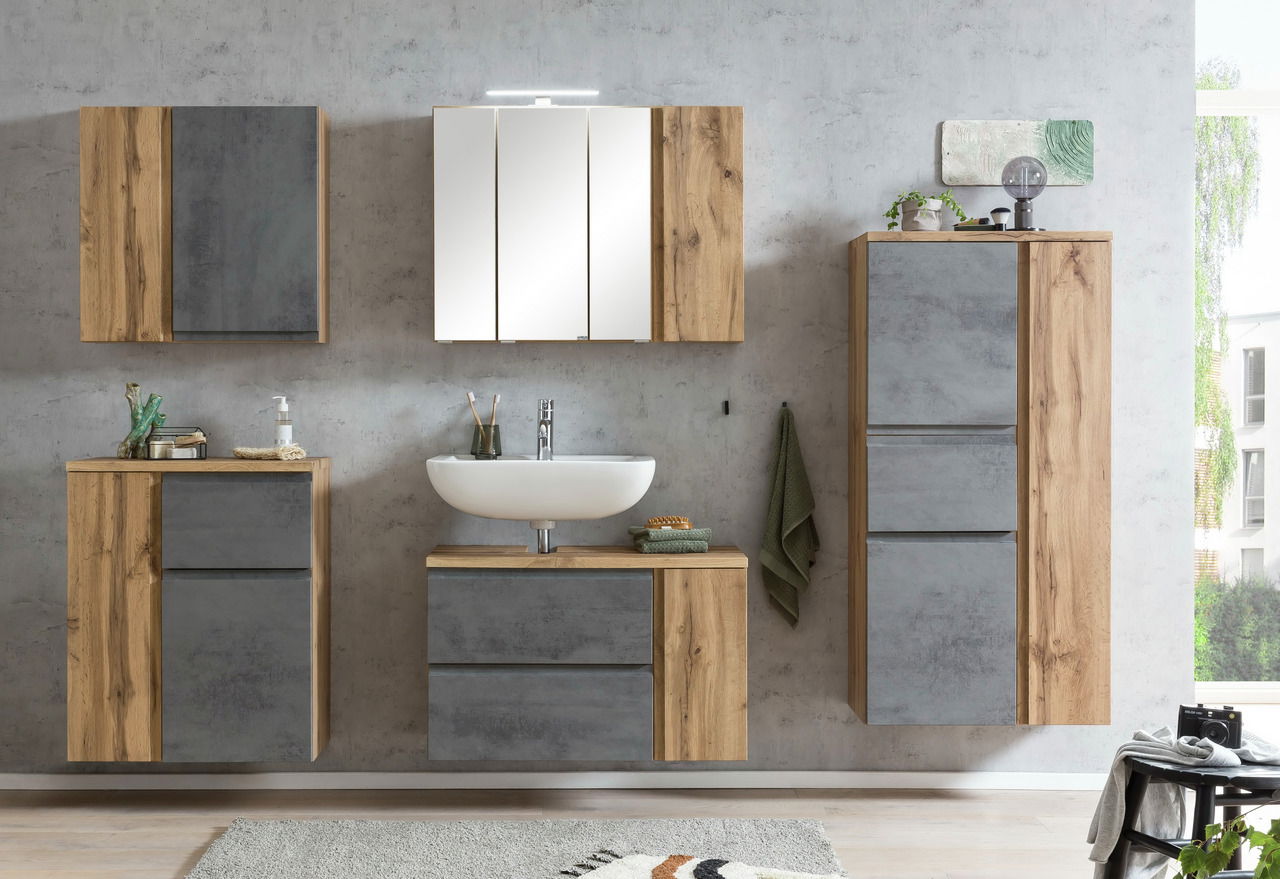 Moderner Badezimmer-Unterschrank in Holzoptik mit grauen Fronten, frontal betrachtet.