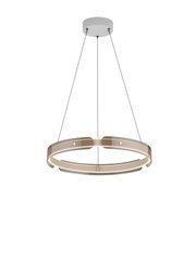 Moderne runde LED-Pendelleuchte in Ringform mit integrierter Lichtlinie, weißer Deckenbaldachin und schwarze Abhängeseile, freigestellt auf weißem Hintergrund, Perspektive: frontale Ansicht leicht von unten