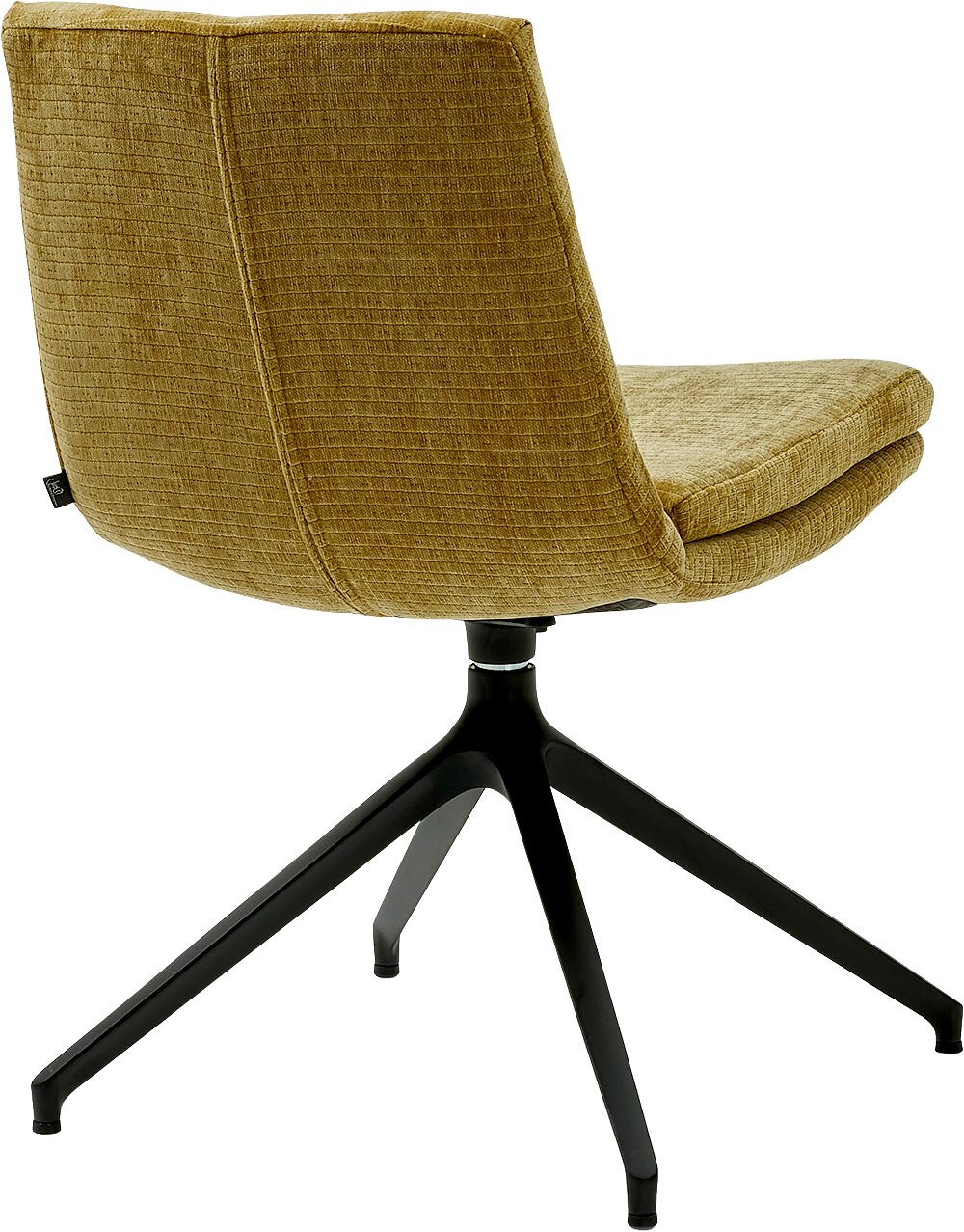 Musterring Stoel MR 4010 Achterkant van een moderne stoel met mosterdgele stoffen bekleding en een zwart metalen frame.