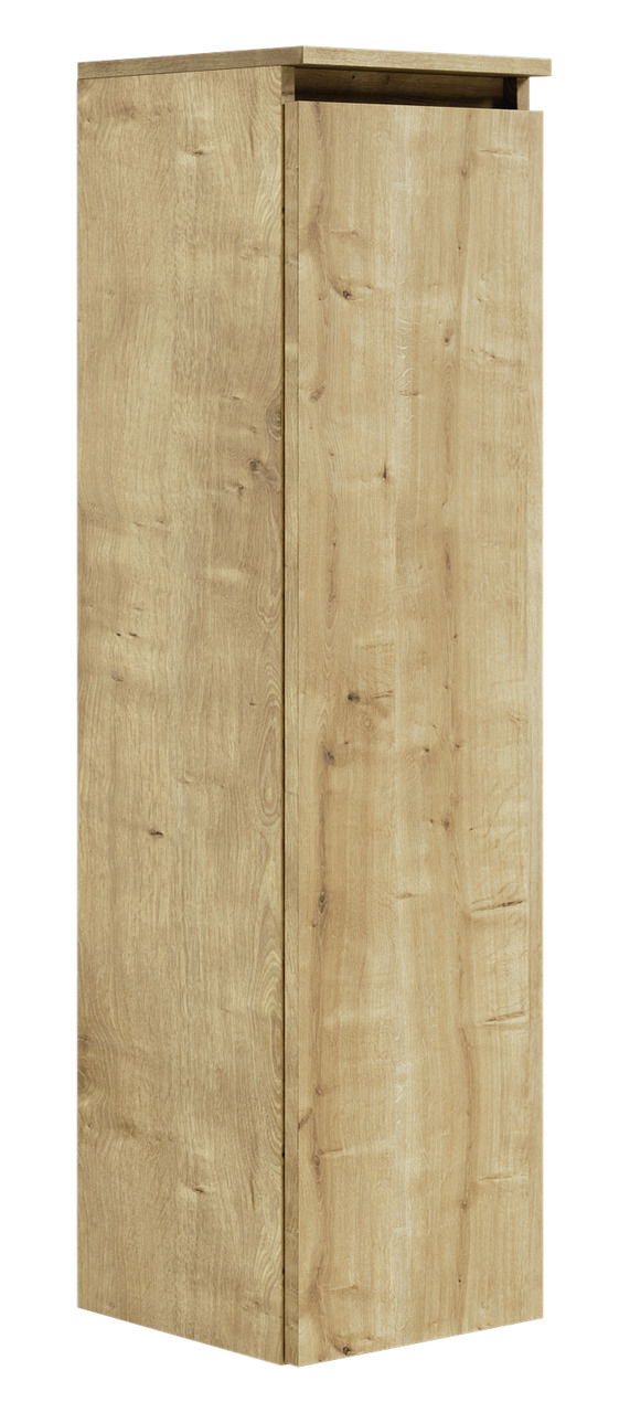 Hochschrank aus Holz in Eichenoptik, seitliche Perspektive