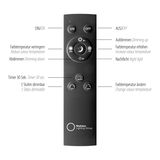 Fernbedienung für die Stehleuchte PURE-MIRA mit verschiedenen Funktionen zur Steuerung der Lichtintensität und Farbtemperatur, frontal abgebildet.