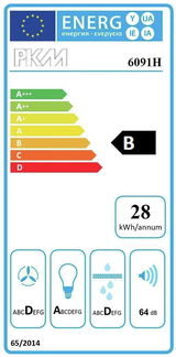 Energieeffizienzlabel für ein Gerät der Klasse B mit einem Verbrauch von 28 kWh pro Jahr, Geräuschpegel von 64 dB, und weiteren Effizienzklassen für Ventilator, Beleuchtung und Filter. Frontalansicht.