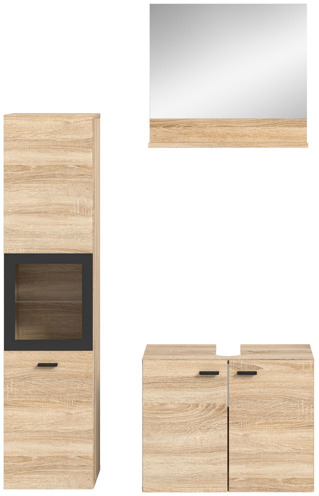 Badkombination aus Holzoptik mit Spiegelschrank, Hochschrank und Unterschrank, Frontalansicht