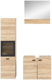 Badkombination aus Holzoptik mit Spiegelschrank, Hochschrank und Unterschrank, Frontalansicht