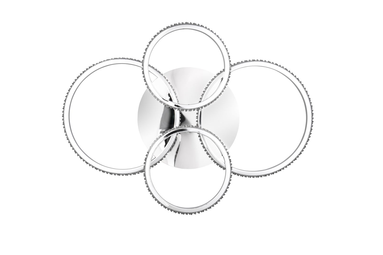 Moderne Deckenleuchte CIRES mit vier kreisförmigen, ineinander verschlungenen Ringen aus der Vogelperspektive.