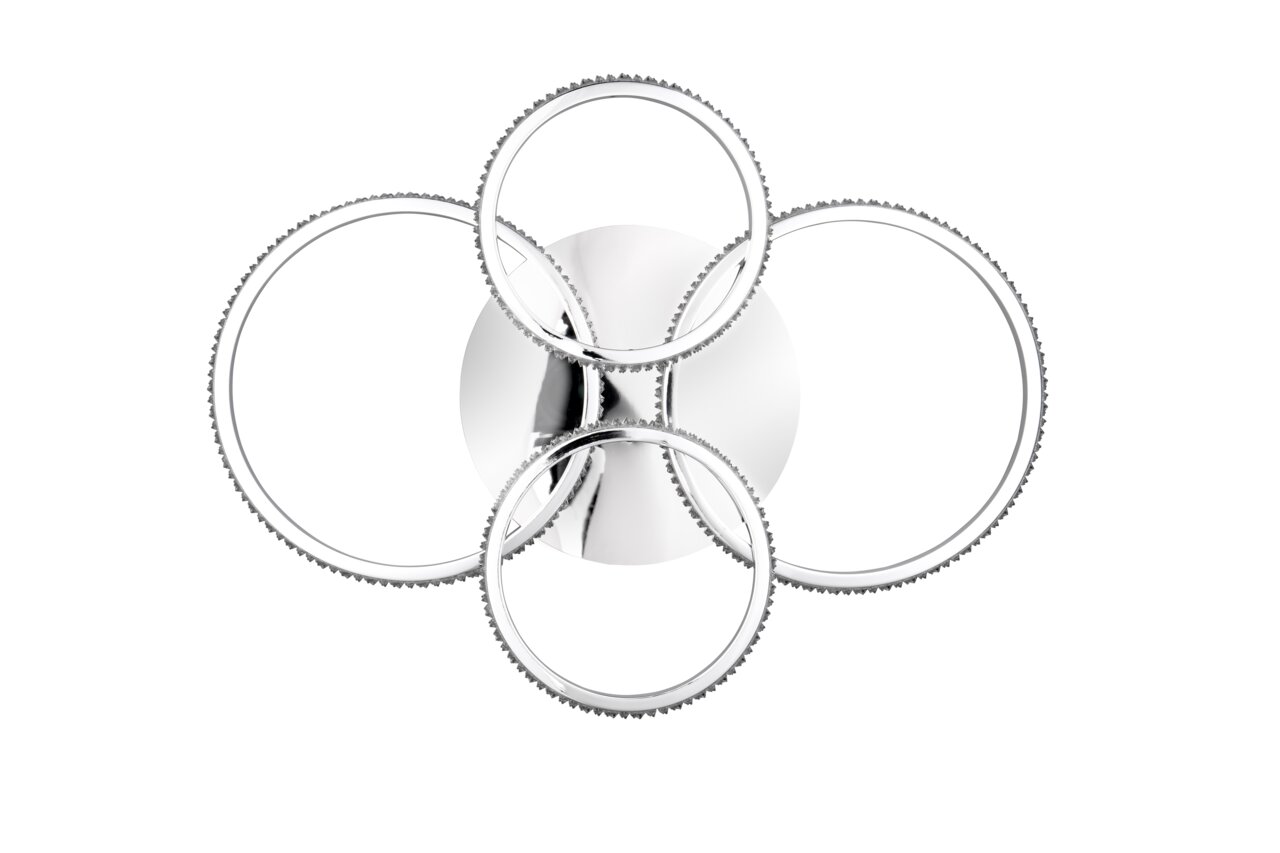 Moderne Deckenleuchte CIRES mit vier kreisförmigen, ineinander verschlungenen Ringen aus der Vogelperspektive.