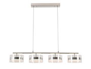 Moderne LED-Hängeleuchte mit vier zylindrischen Lampenschirmen aus Glas, frontal betrachtet.