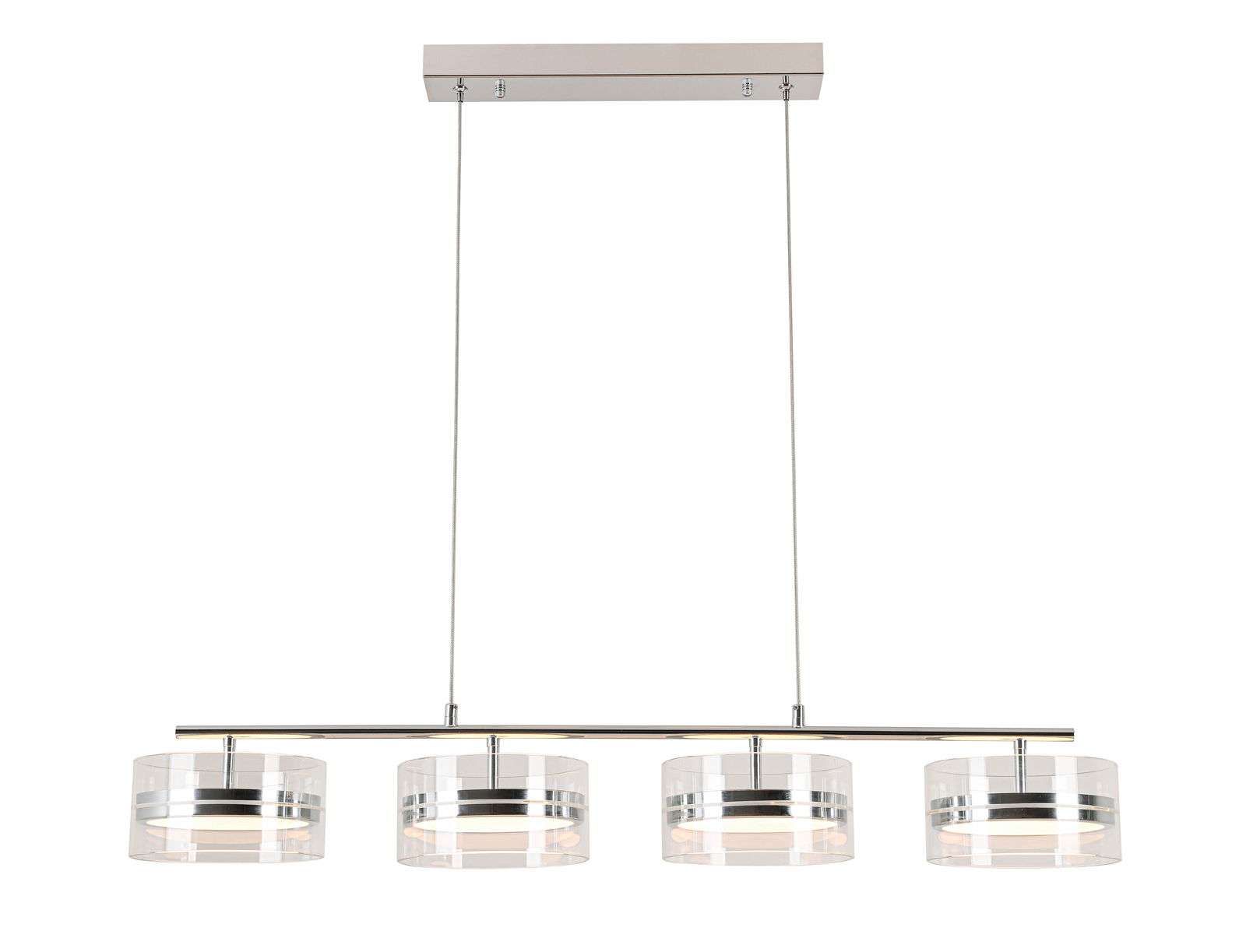 Moderne LED-Hängeleuchte mit vier zylindrischen Lampenschirmen aus Glas, frontal betrachtet.