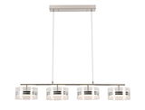 Moderne LED-Hängeleuchte mit vier zylindrischen Lampenschirmen aus Glas, frontal betrachtet.