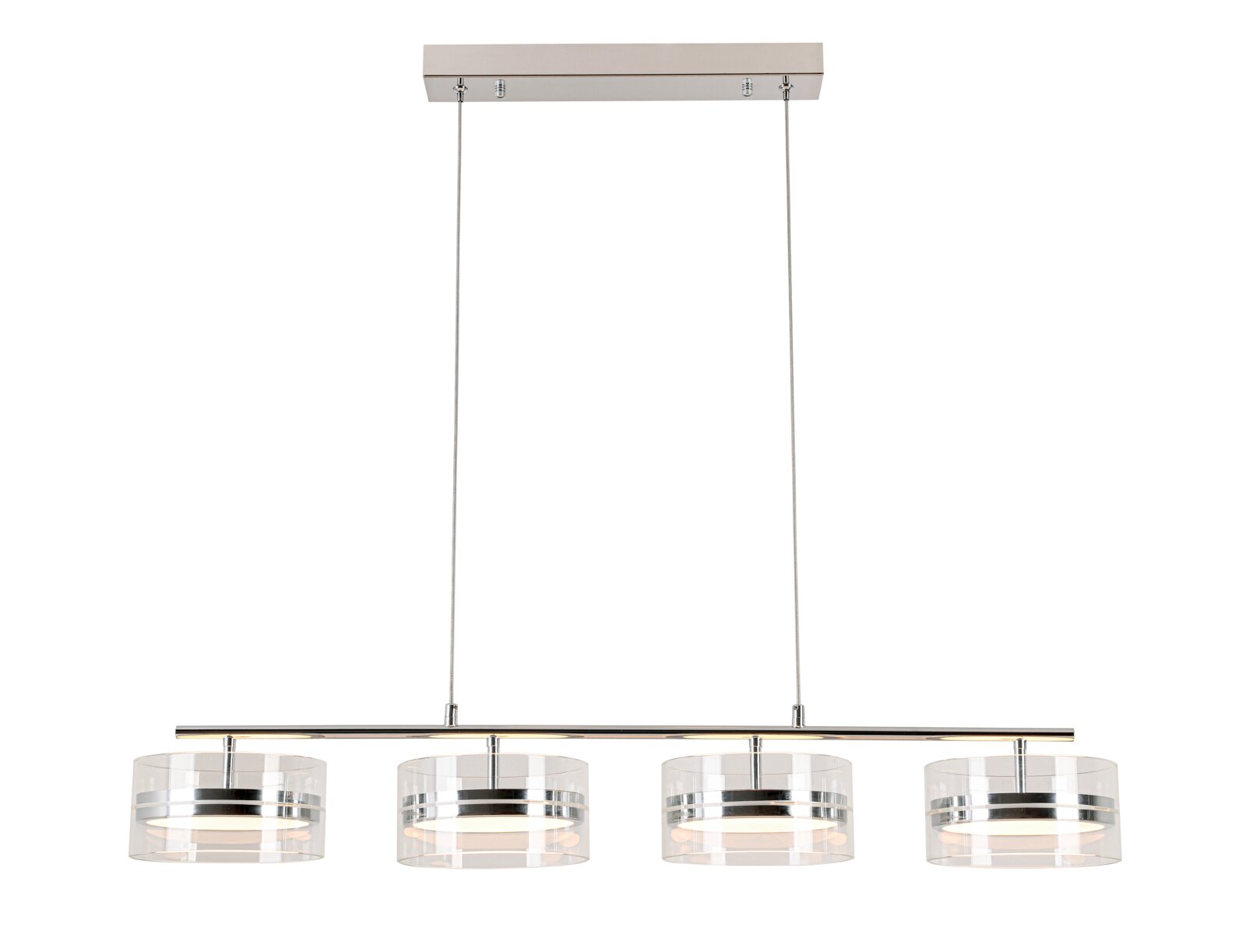 Moderne LED-Hängeleuchte mit vier zylindrischen Lampenschirmen aus Glas, frontal betrachtet.