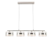 Moderne LED-Hängeleuchte mit vier zylindrischen Lampenschirmen aus Glas, frontal betrachtet.