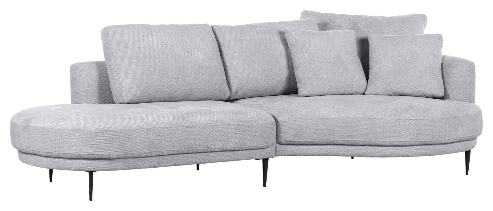Graues Sofa mit Ottomane rechts, runde Form, vier Kissen, seitliche Perspektive