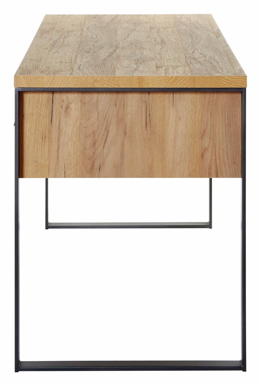 Modern houten bureau met metalen frame, vooraanzicht