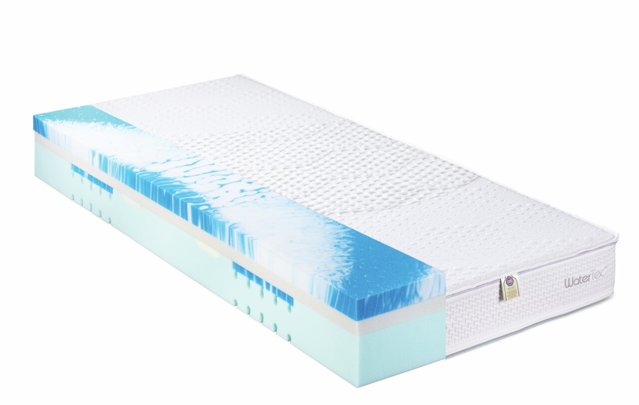 Max Berger Kaltschaummatratze WATERFLEX 1000 Kaltschaummatratze 90 x 200 cm mit sichtbarem Schaumstoffkern und blauen Akzenten, seitliche Perspektive