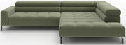 Olijfgroene modulaire hoekbank met chaise longue rechts, gecapitonneerde zitting en zwarte metalen poten, getoond in vooraanzicht schuin van voren op witte achtergrond