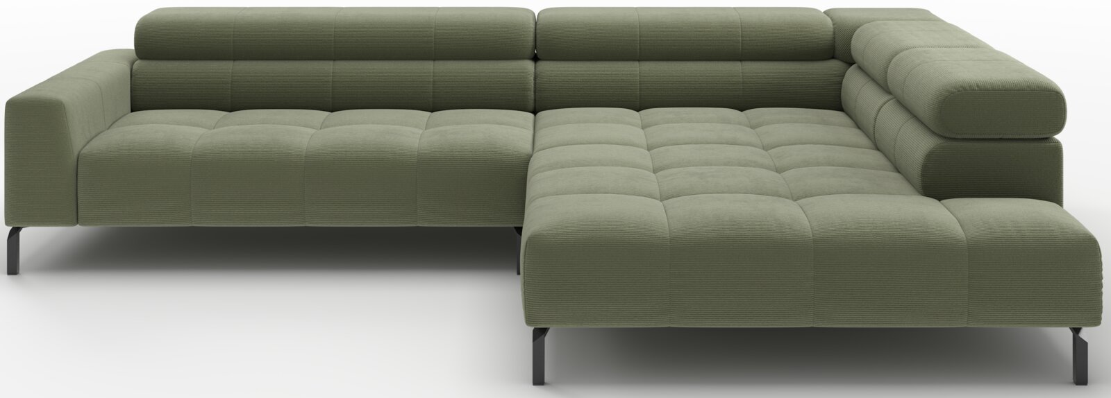 Olijfgroene modulaire hoekbank met chaise longue rechts, gecapitonneerde zitting en zwarte metalen poten, getoond in vooraanzicht schuin van voren op witte achtergrond