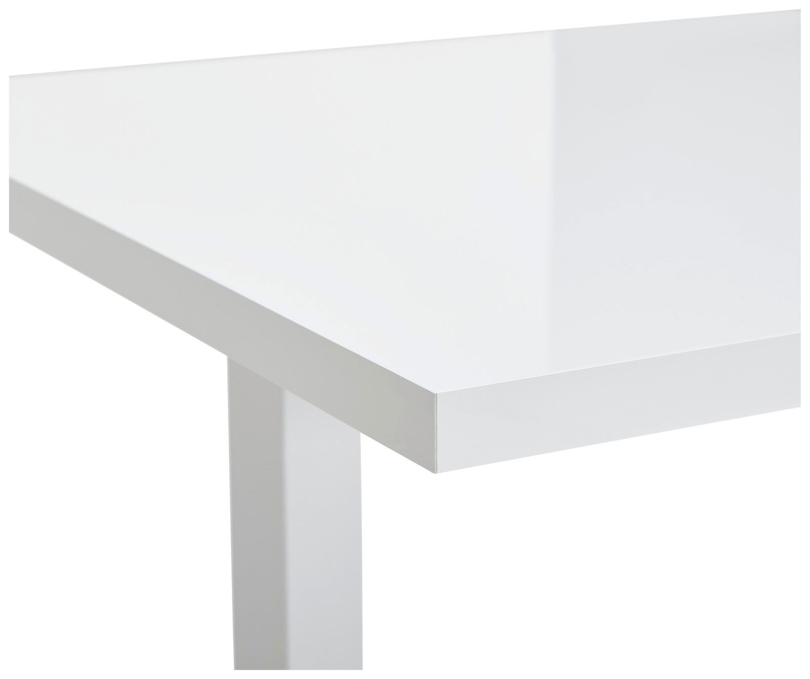 Nahaufnahme eines weißen elektrischen Fußgestells mit glänzender Oberfläche, perspektivisch von der Seite aufgenommen.