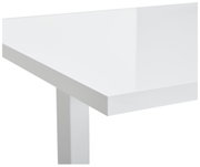 Nahaufnahme eines weißen elektrischen Fußgestells mit glänzender Oberfläche, perspektivisch von der Seite aufgenommen.