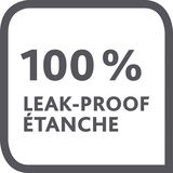 Vorderansicht eines quadratischen Symbols mit der Aufschrift '100% LEAK-PROOF ÉTANCHE', das die Auslaufsicherheit eines Produkts hervorhebt.