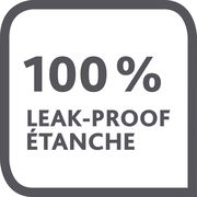 Vorderansicht eines quadratischen Symbols mit der Aufschrift '100% LEAK-PROOF ÉTANCHE', das die Auslaufsicherheit eines Produkts hervorhebt.