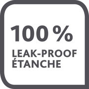 Vooraanzicht van een vierkant symbool met het opschrift '100% LEAK-PROOF ÉTANCHE', dat de lekdichtheid van een product benadrukt.