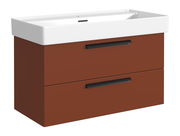 Moderner Waschtisch mit weißem Waschbecken und braunem Unterschrank, Frontansicht