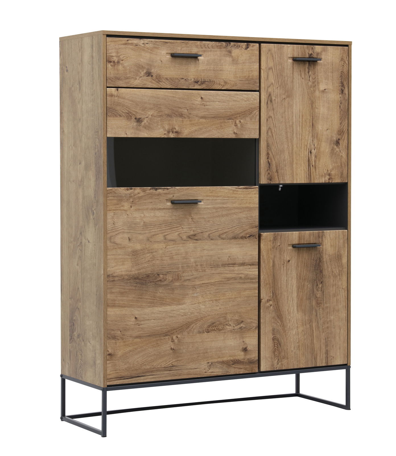 Vitrine aus Holz mit Metallgestell, Frontansicht