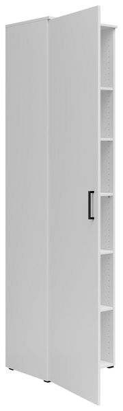 Weißer Mehrzweckschrank mit geöffneter Tür, seitliche Perspektive, zeigt mehrere Regalböden.