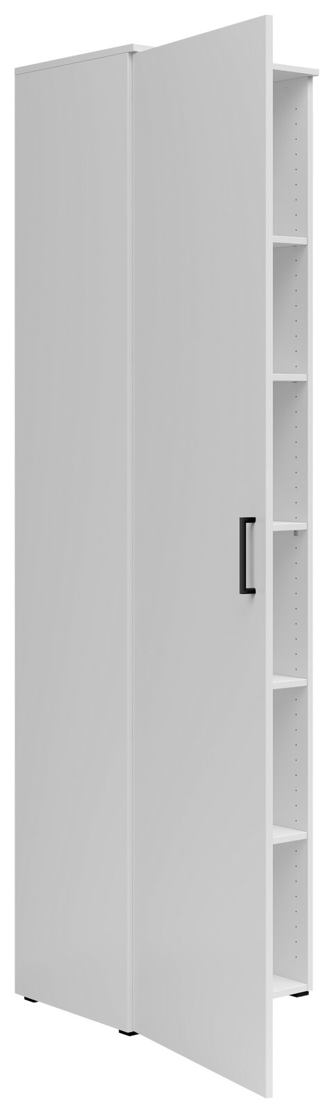 Weißer Mehrzweckschrank mit geöffneter Tür, seitliche Perspektive, zeigt mehrere Regalböden.