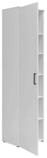 Weißer Mehrzweckschrank mit geöffneter Tür, seitliche Perspektive, zeigt mehrere Regalböden.