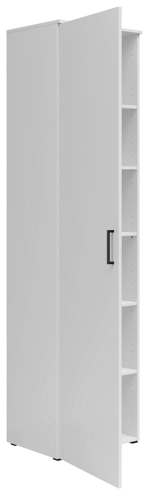 Weißer Mehrzweckschrank mit geöffneter Tür, seitliche Perspektive, zeigt mehrere Regalböden.