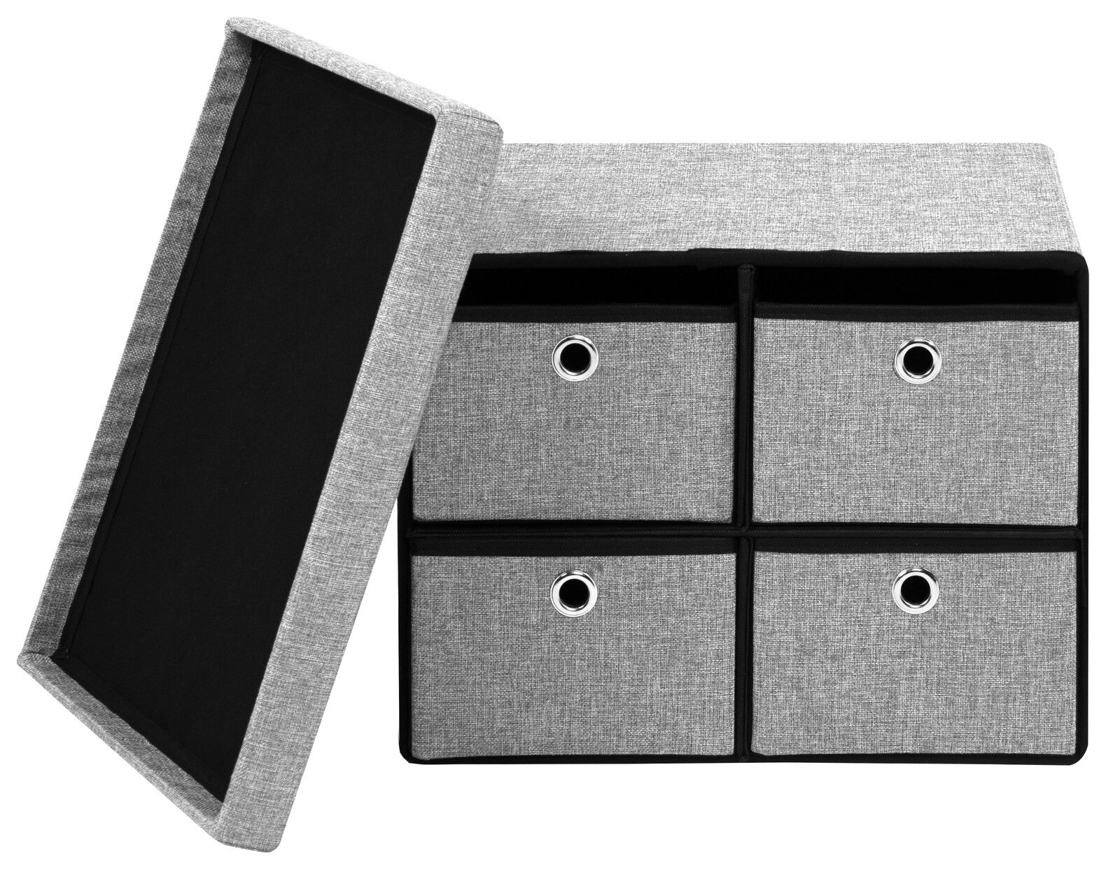 Graue Bank mit Stauraum, bestehend aus vier Schubladen mit Metallringen, abnehmbarem Deckel, seitliche Perspektive