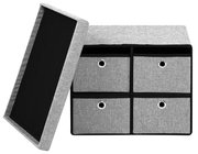 Graue Bank mit Stauraum, bestehend aus vier Schubladen mit Metallringen, abnehmbarem Deckel, seitliche Perspektive