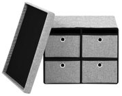 Graue Bank mit Stauraum, bestehend aus vier Schubladen mit Metallringen, abnehmbarem Deckel, seitliche Perspektive