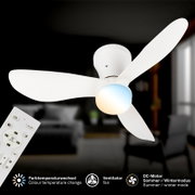 Weißer Deckenventilator mit drei Flügeln und integrierter LED-Leuchte (Farbtemperaturwechsel), inklusive Fernbedienung; Ansicht schräg von unten im Innenraum