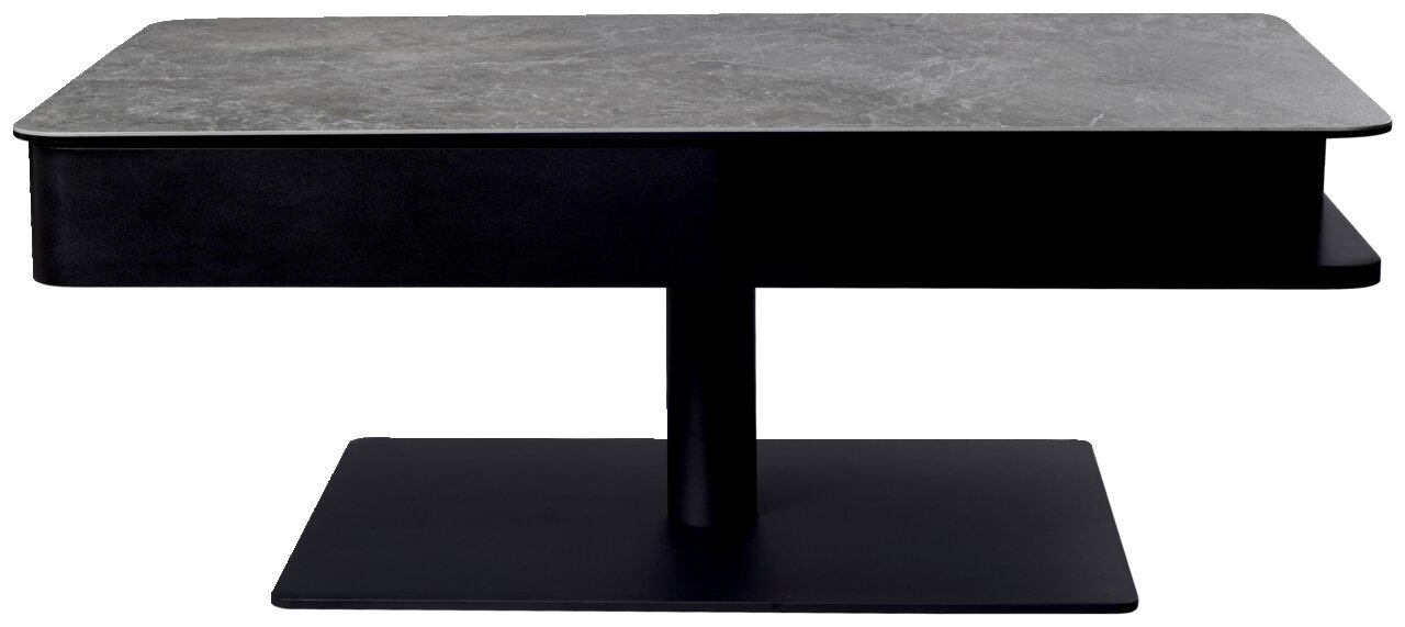 Moderner Couchtisch mit grauer Marmoroptik-Oberfläche und schwarzem Sockel, frontal betrachtet.