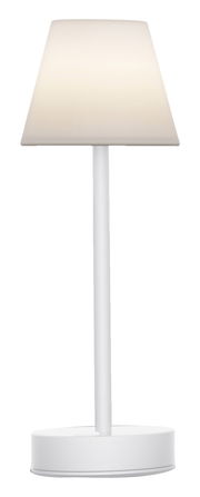 Weiße Akku-Tischleuchte LOLA slim, frontal abgebildet mit schlichtem, modernem Design.