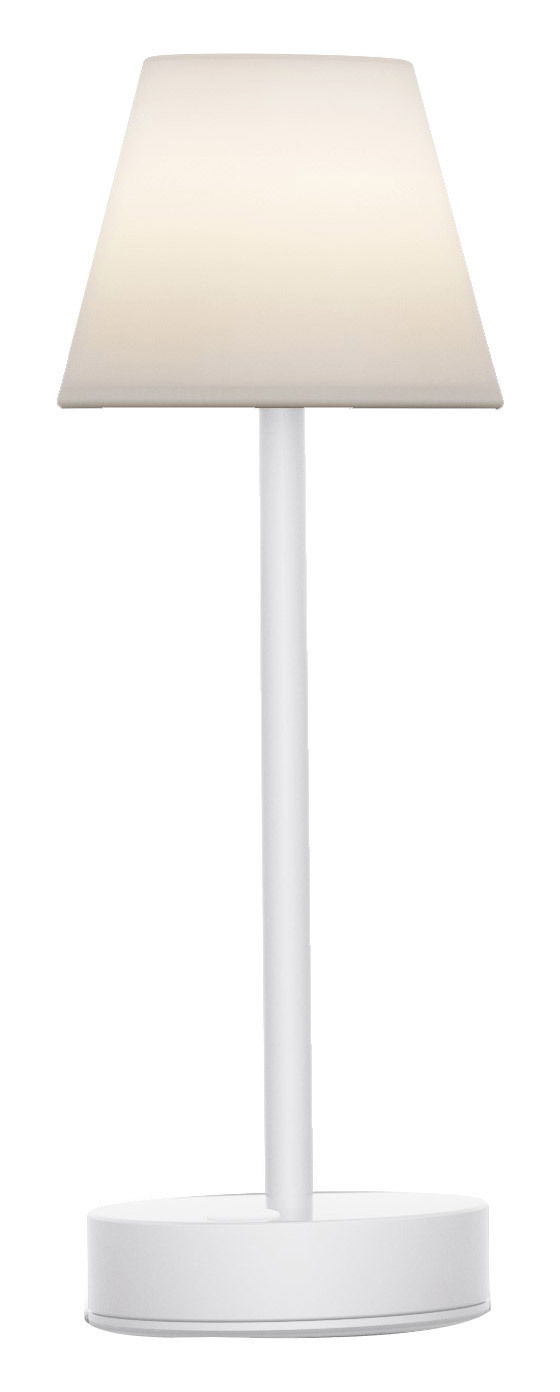 Weiße Akku-Tischleuchte LOLA slim, frontal abgebildet mit schlichtem, modernem Design.