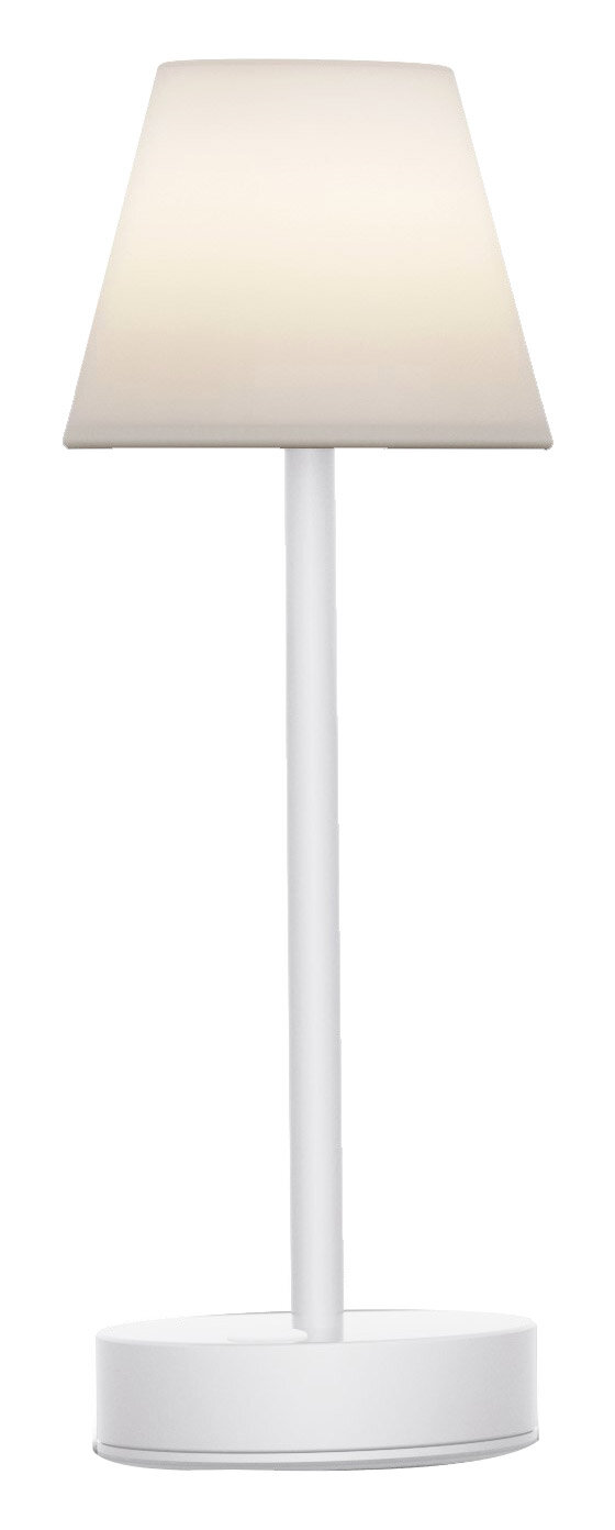 Weiße Akku-Tischleuchte LOLA slim, frontal abgebildet mit schlichtem, modernem Design.