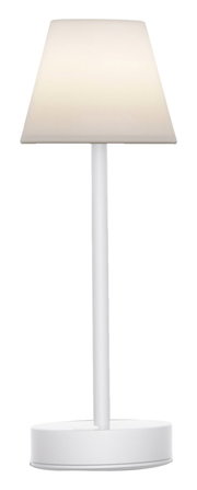 Weiße Akku-Tischleuchte LOLA slim, frontal abgebildet mit schlichtem, modernem Design.