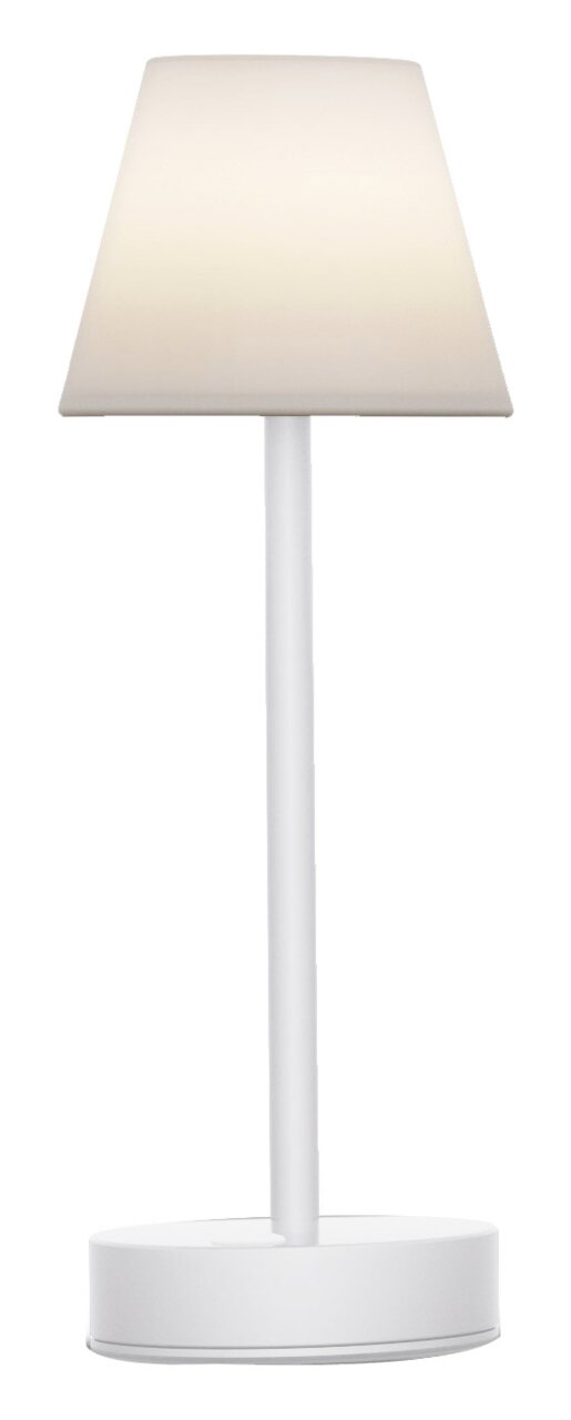 Weiße Akku-Tischleuchte LOLA slim, frontal abgebildet mit schlichtem, modernem Design.
