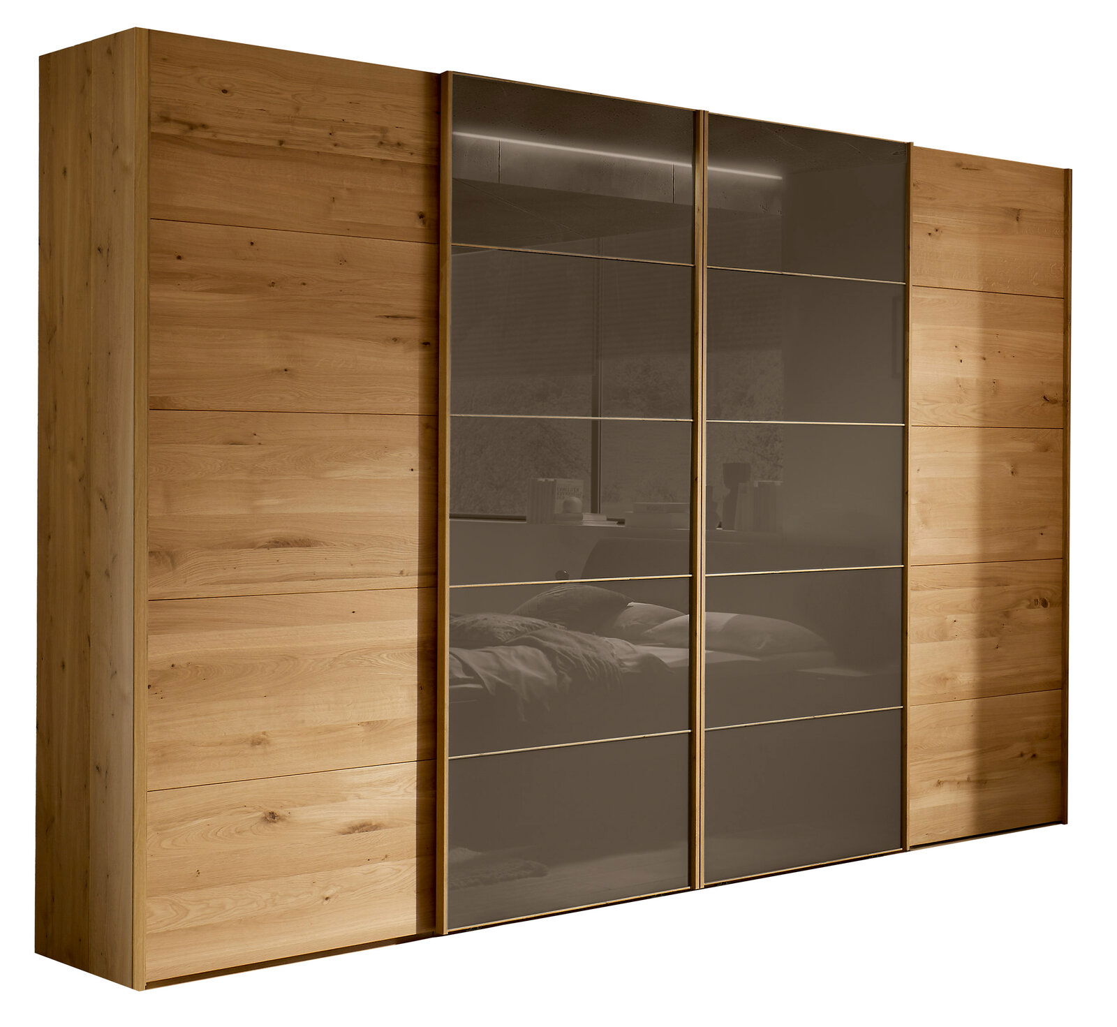 Linea Natura Schwebetürenschrank 4-türig CARDIFF Moderner 4-türiger Schwebetürenschrank aus Holz mit zwei spiegelnden Glastüren in der Mitte, seitliche Perspektive
