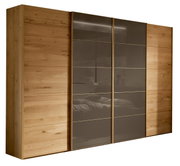 Moderner 4-türiger Schwebetürenschrank aus Holz mit zwei spiegelnden Glastüren in der Mitte, seitliche Perspektive