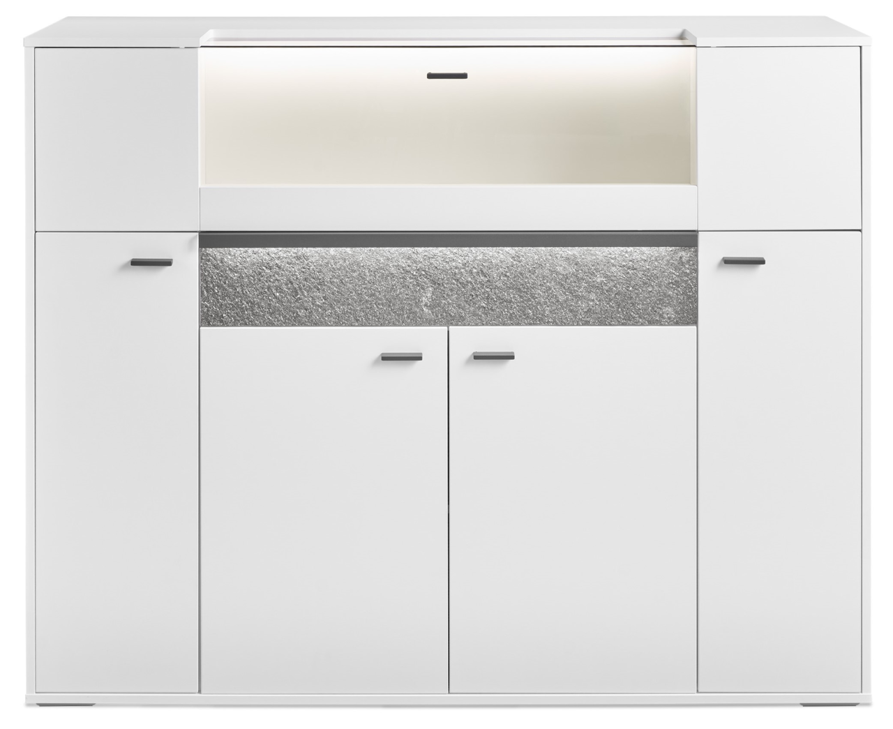 Frontansicht des weißen Highboards DELTONA von Musterring mit beleuchtetem Fach und grauer Akzentleiste.