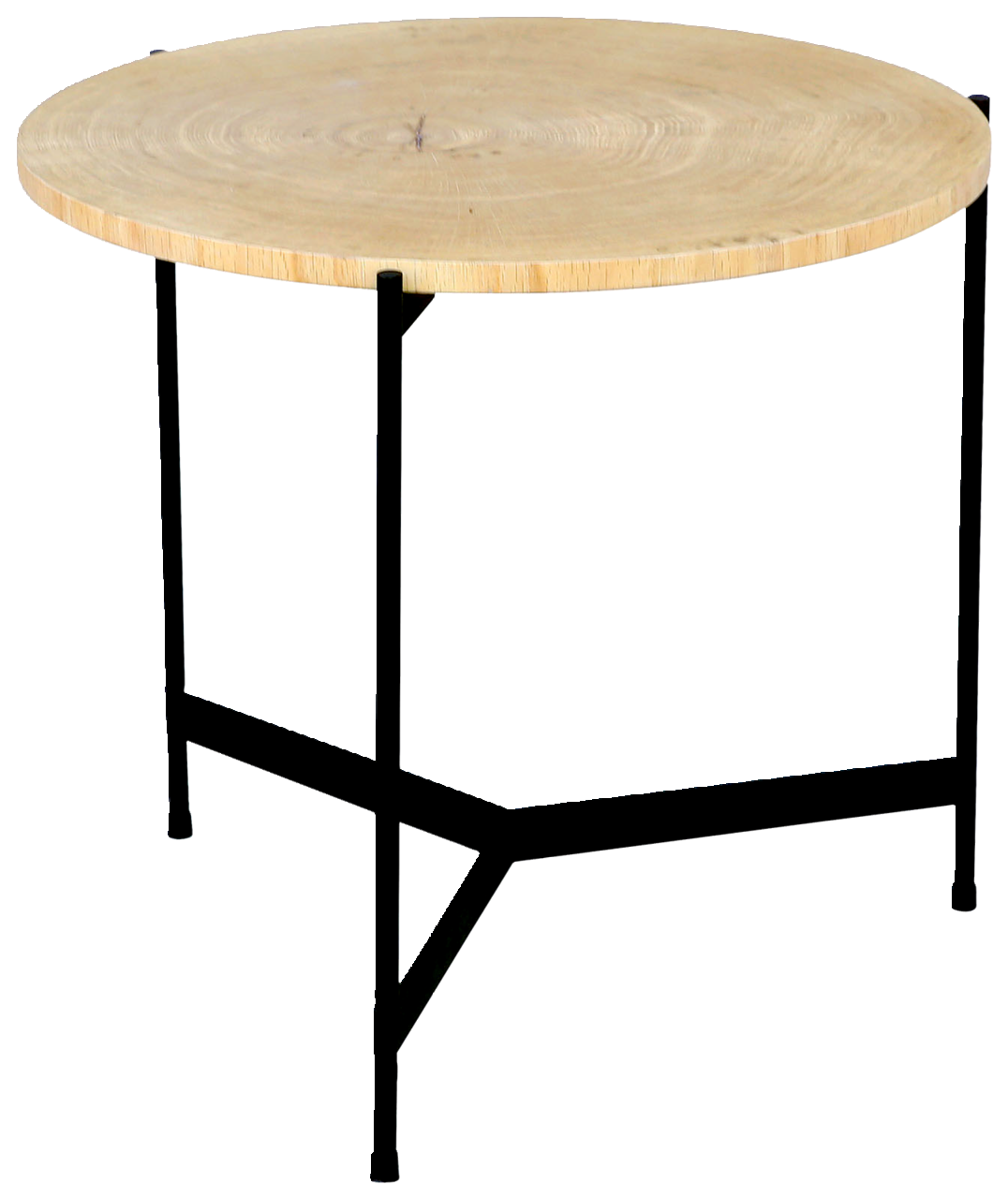 Waldwelt Beistelltisch TORONTO 2 Runder Beistelltisch mit heller Holzplatte und schwarzem Metallgestell, seitliche Perspektive