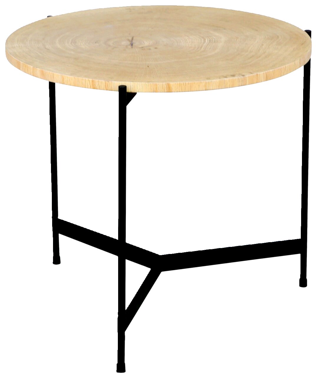 Waldwelt Beistelltisch TORONTO 2 Runder Beistelltisch mit heller Holzplatte und schwarzem Metallgestell, seitliche Perspektive