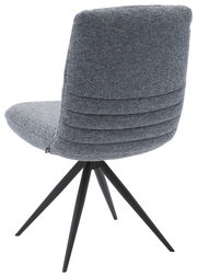 Rückansicht eines modernen, grauen Stuhls mit gepolsterter Rückenlehne und schwarzen Metallbeinen.